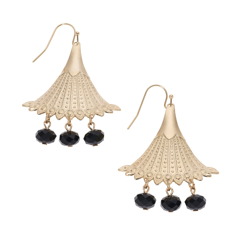 Gold Fan with Jet Bead Drop Wire Earrings