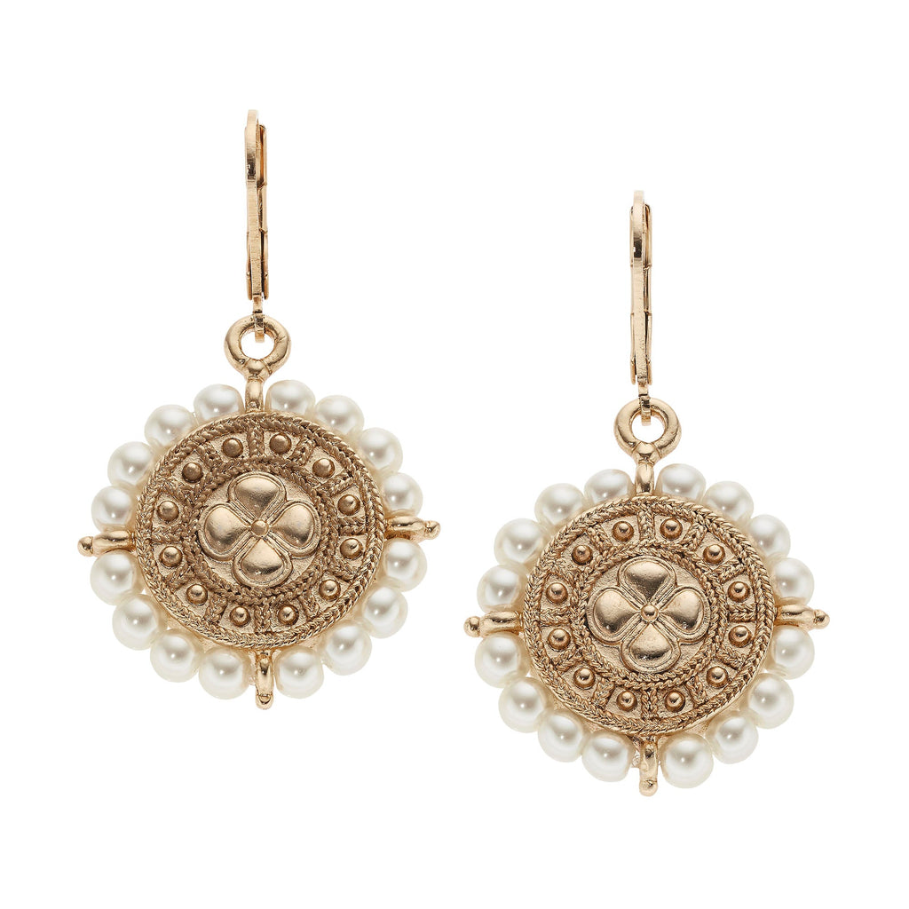 Gold Medallion with Pearls Leverback Earrings