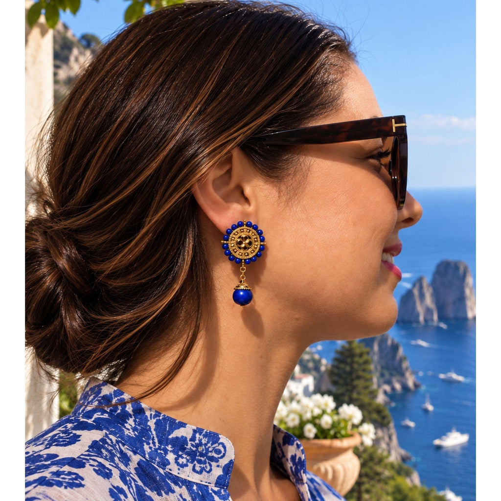 Gold Medallion with Lapis Clip Earrings