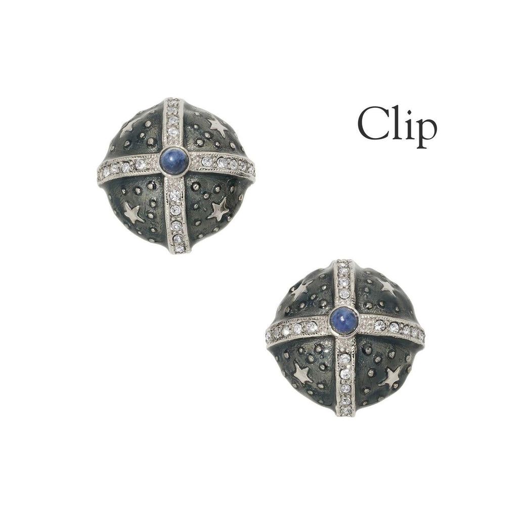 Silver Gray Enamel Round Clip Earrings