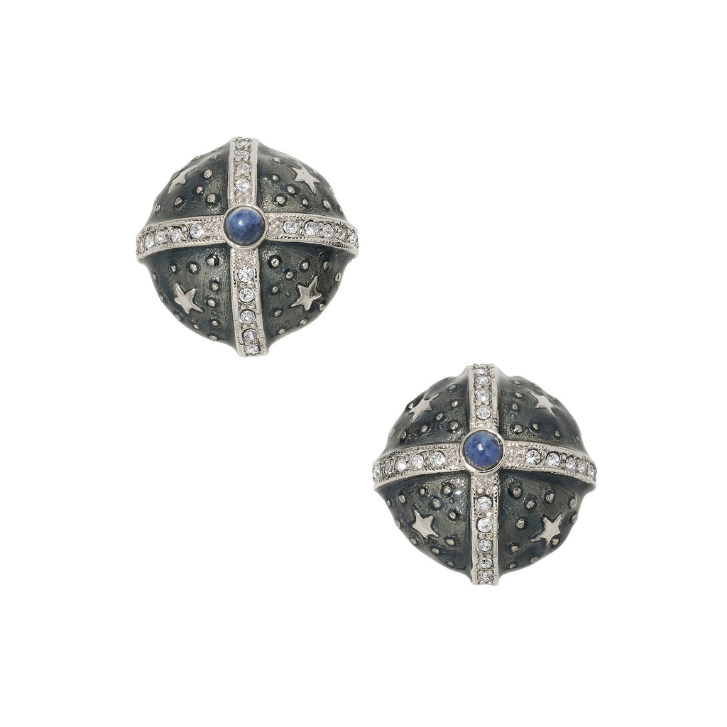 Silver Gray Enamel Round Clip Earrings