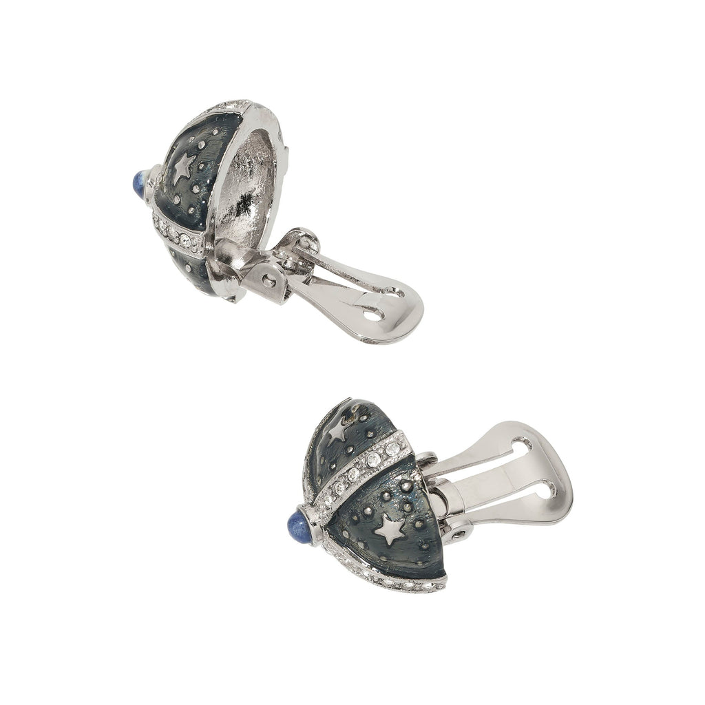 Silver Gray Enamel Round Clip Earrings