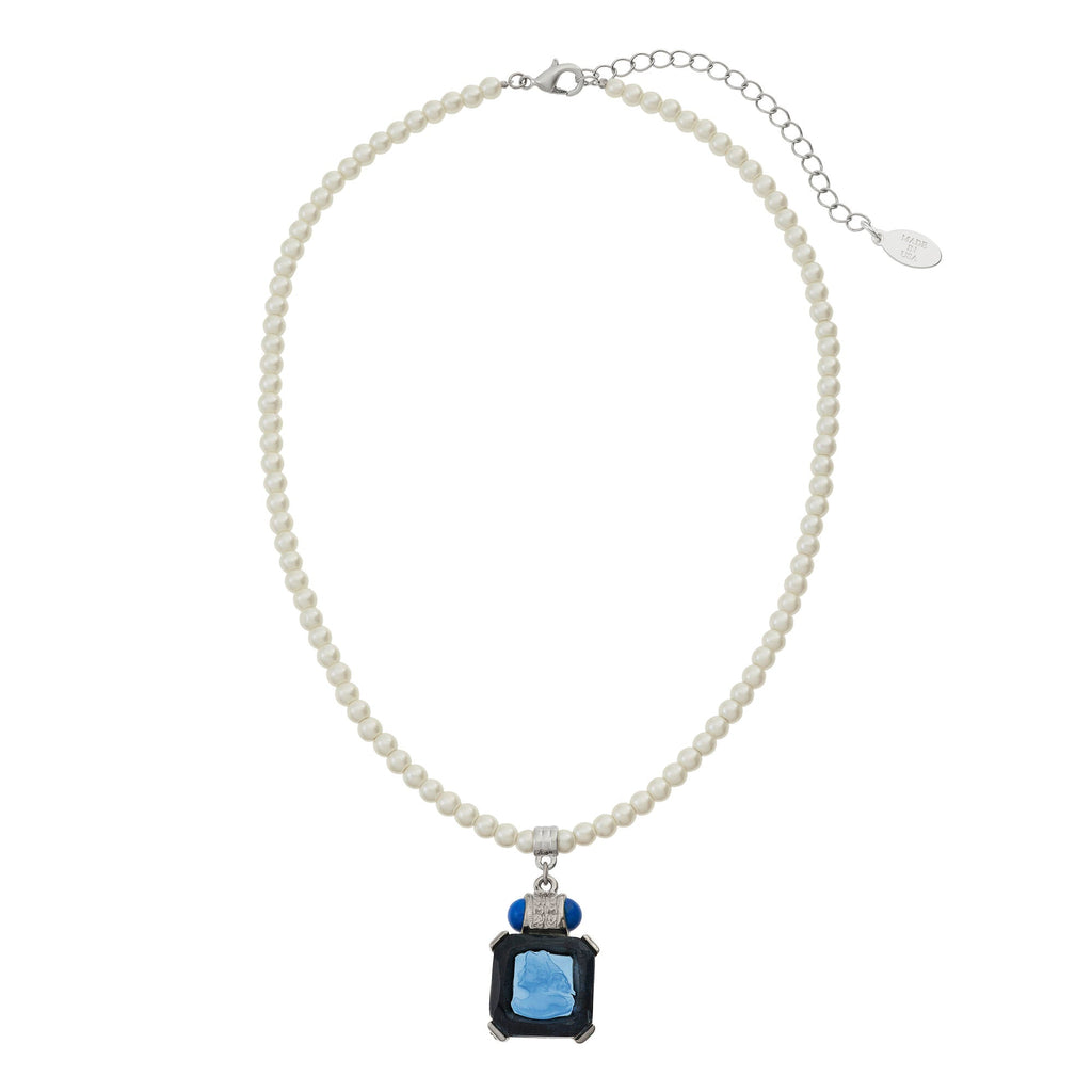 Blue Venetian Glass Intaglio Pendant on Glass Pearl Necklace