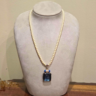 Blue Venetian Glass Intaglio Pendant on Glass Pearl Necklace