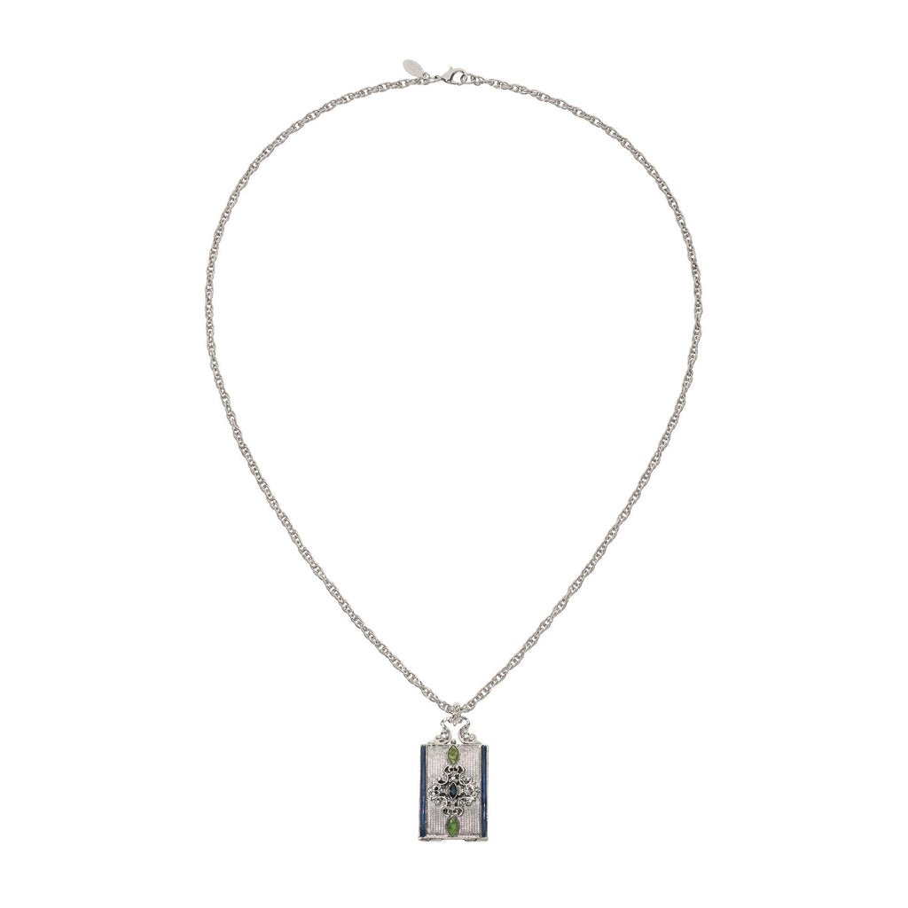 Silver Locket Necklace with Blue Enamel & Green Stones