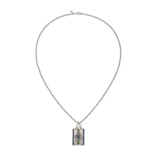 Silver Locket Necklace with Blue Enamel & Green Stones