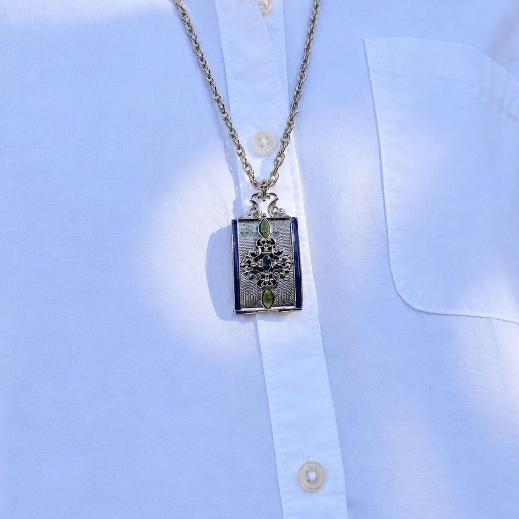 Silver Locket Necklace with Blue Enamel & Green Stones