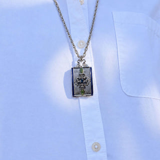 Silver Locket Necklace with Blue Enamel & Green Stones