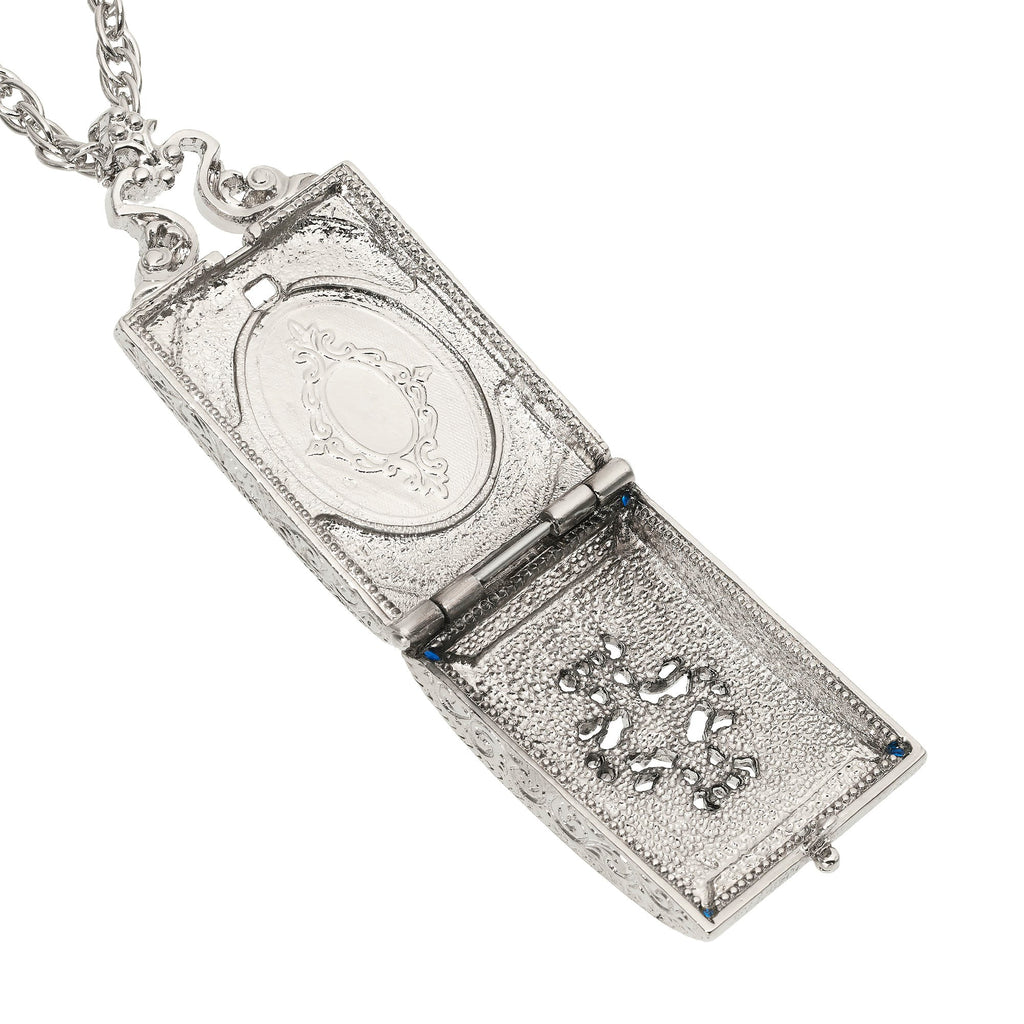 Silver Locket Necklace with Blue Enamel & Green Stones
