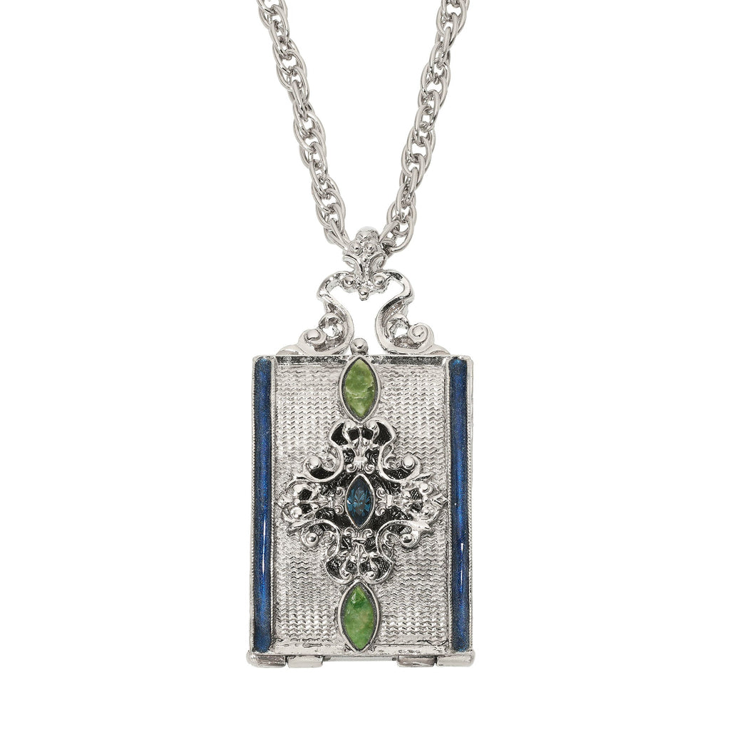 Silver Locket Necklace with Blue Enamel & Green Stones