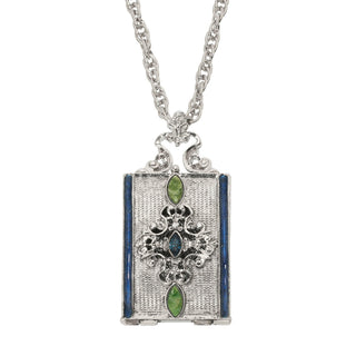 Silver Locket Necklace with Blue Enamel & Green Stones