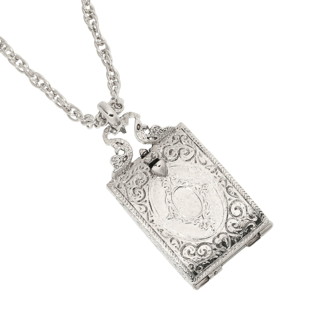 Silver Locket Necklace with Blue Enamel & Green Stones
