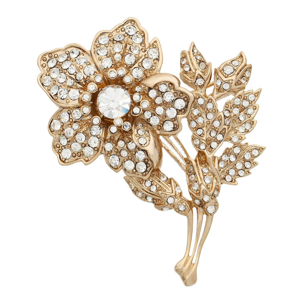 18K Gold Pavé Crystal Rose Brooch