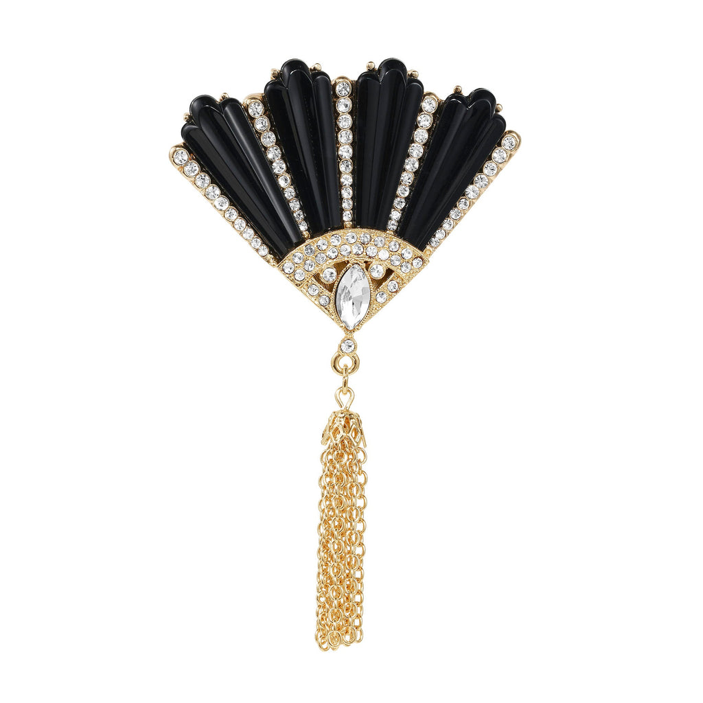 Black Fan with Gold Tassel Brooch