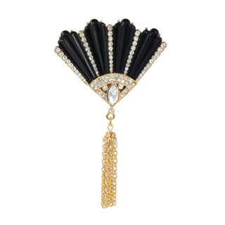 Black Fan with Gold Tassel Brooch