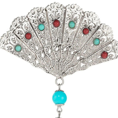 Silver Fan with Tassel Brooch