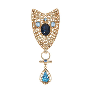 Gold Shield Teardrop Brooch with Blue Stones