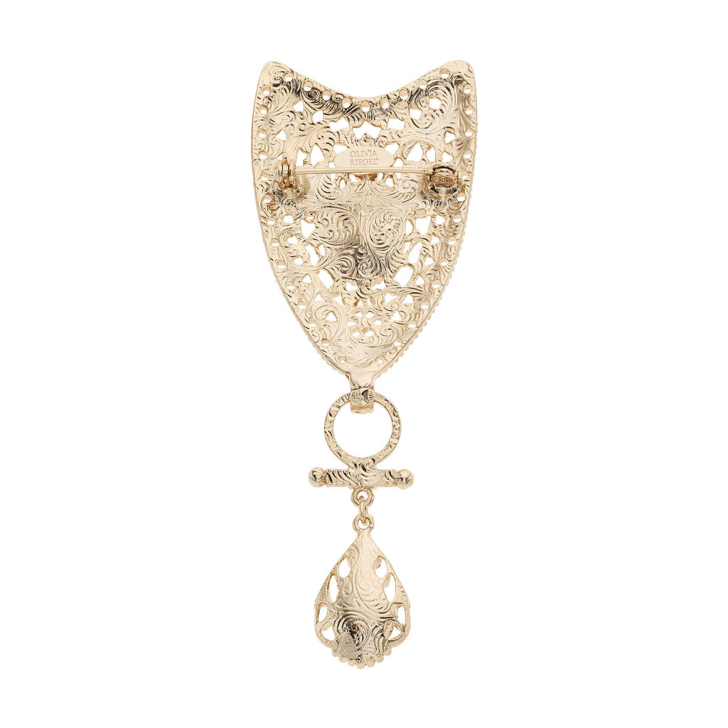 Gold Shield Teardrop Brooch with Blue Stones