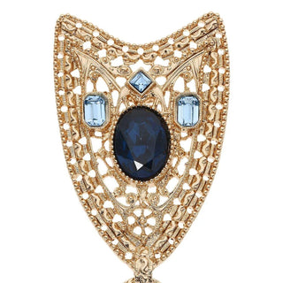 Gold Shield Teardrop Brooch with Blue Stones