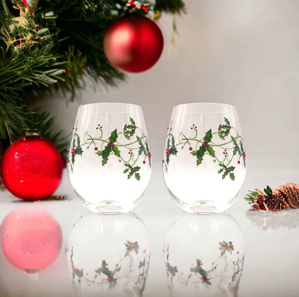 Hand-Painted Holly & Jeweled Berry Stemless Wine Glasses – Set of 2