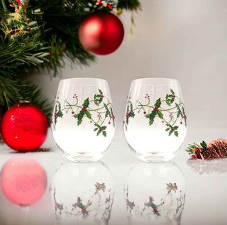 Hand-Painted Holly & Jeweled Berry Stemless Wine Glasses – Set of 2