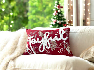 Joyful Gold and Red Embroidered Christmas Pillow – Holiday Collection