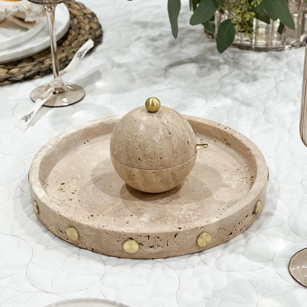 Round Travertine Decorative Tray with Gold Studs – 9.8