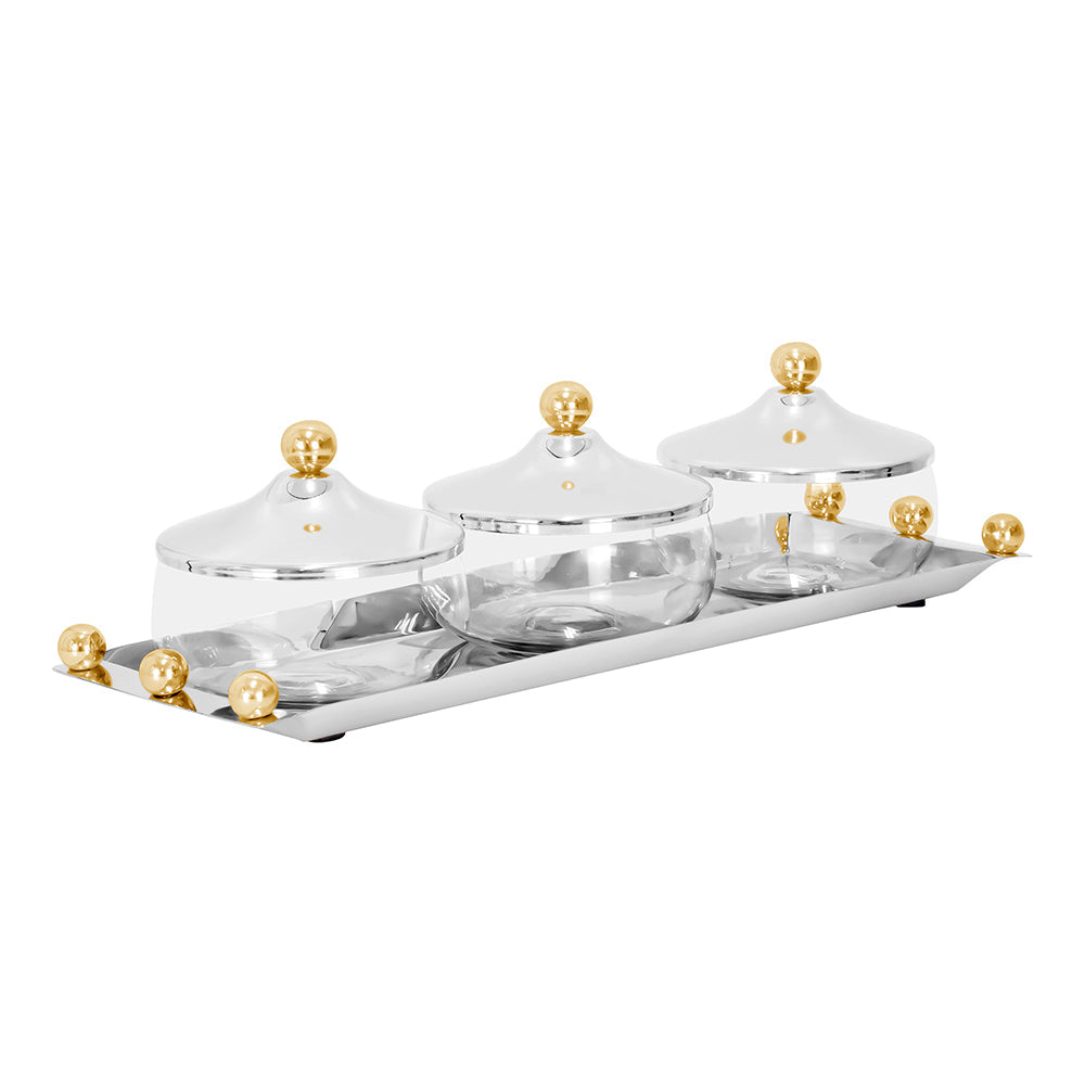 Stainless Steel Dip Tray & Bowls with Gold Balls