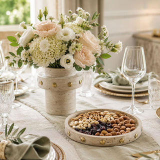 Round Travertine Decorative Tray with Gold Studs – 9.8