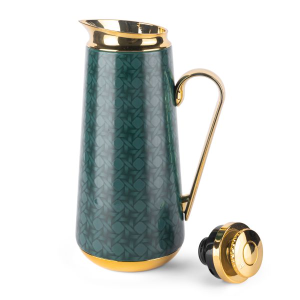 Rattan Vacuum Flask – Green & Gold, Insulated Water Bottle for Hot & Cold Drinks
