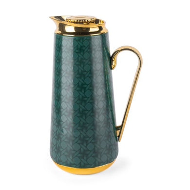 Rattan Vacuum Flask – Green & Gold, Insulated Water Bottle for Hot & Cold Drinks