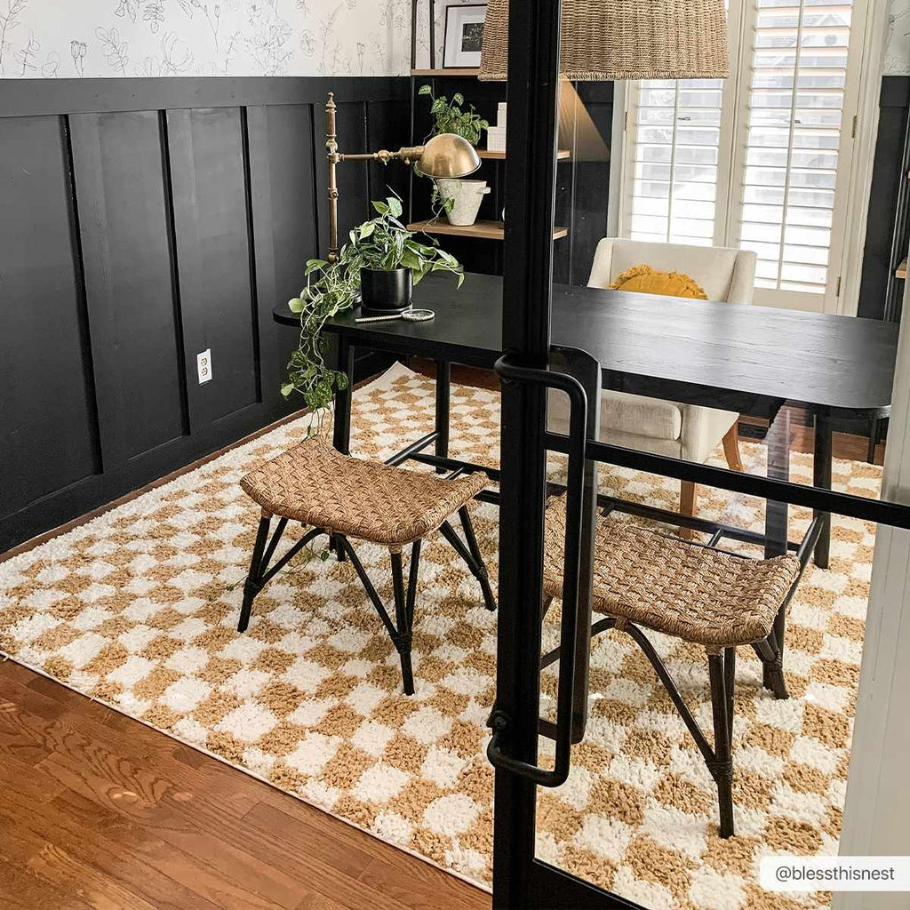 Kieu Mustard Ivory Checkered Area Rug – Modern Patterned Floor Carpet