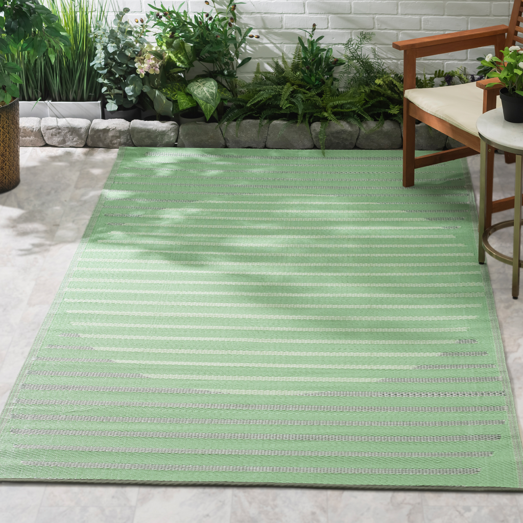 Kyoto Green Striped Reversible Outdoor Patio Rug