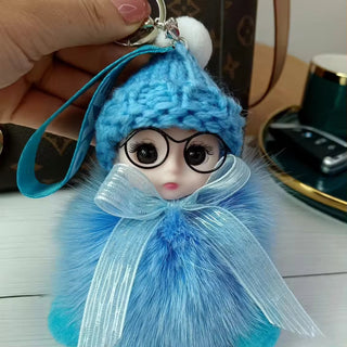 Cute Plush 3D Sleeping Baby Dolls Keychain Bag Charms with Fox Fur Pompoms