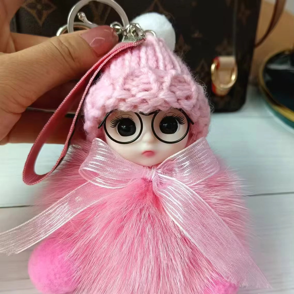 Cute Plush 3D Sleeping Baby Dolls Keychain Bag Charms with Fox Fur Pompoms