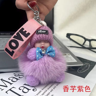 New Style Real Fox Fur Ball Pendant with Cute Sleeping Doll and Bowtie