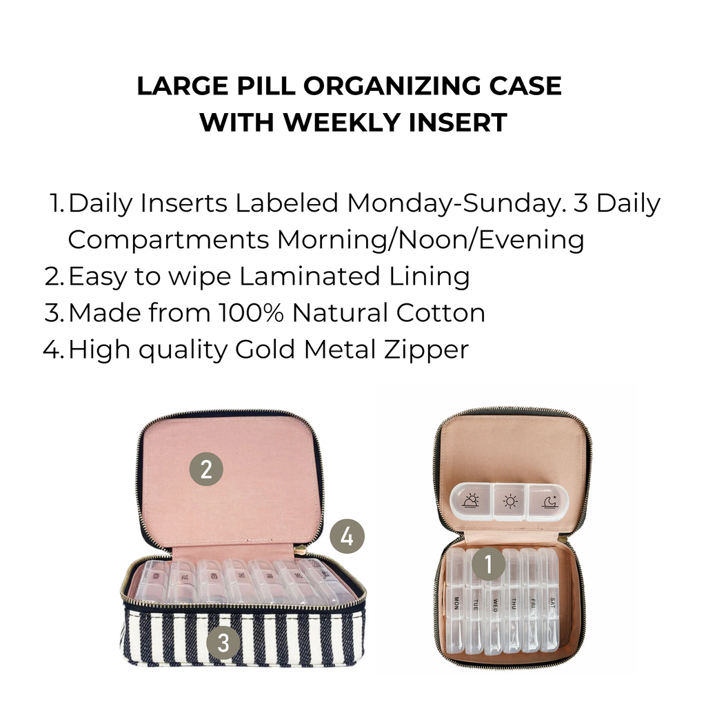 Large Pill Travel Case with Individual Daily Pill Organizer – Striped