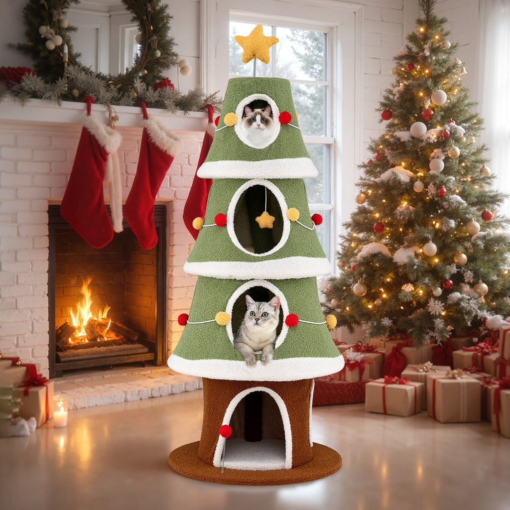 61-Inch Christmas Cat Tree with 4 Condos and Holiday Toys – Green
