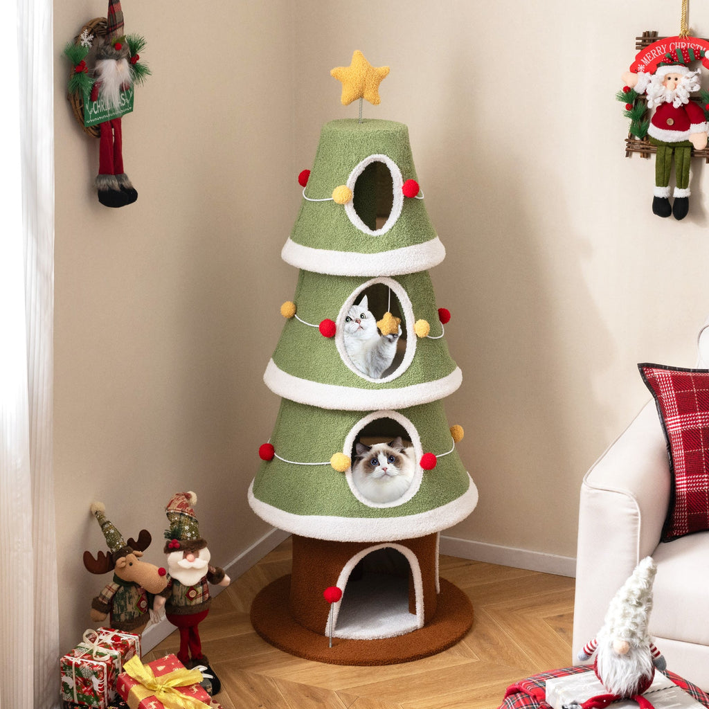61-Inch Christmas Cat Tree with 4 Condos and Holiday Toys – Green