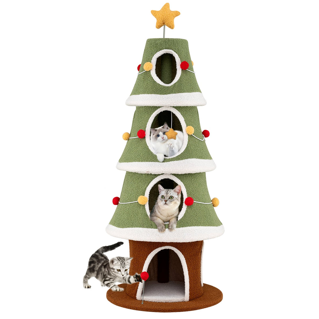 61-Inch Christmas Cat Tree with 4 Condos and Holiday Toys – Green