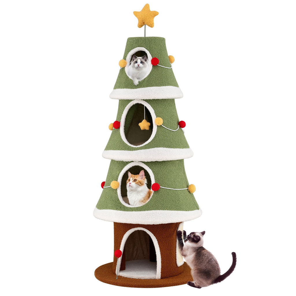 61-Inch Christmas Cat Tree with 4 Condos and Holiday Toys – Green