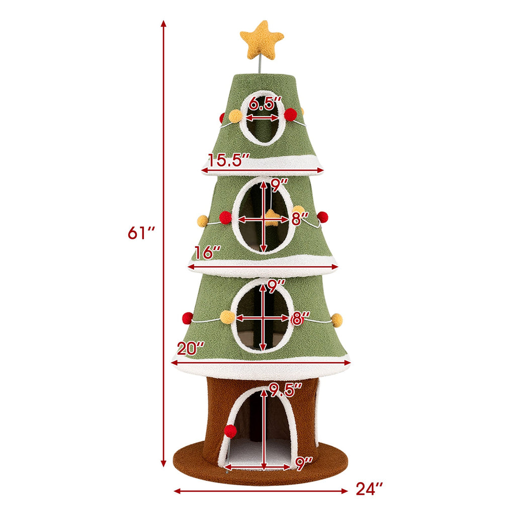 61-Inch Christmas Cat Tree with 4 Condos and Holiday Toys – Green