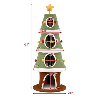 61-Inch Christmas Cat Tree with 4 Condos and Holiday Toys – Green