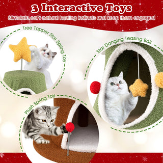 61-Inch Christmas Cat Tree with 4 Condos and Holiday Toys – Green