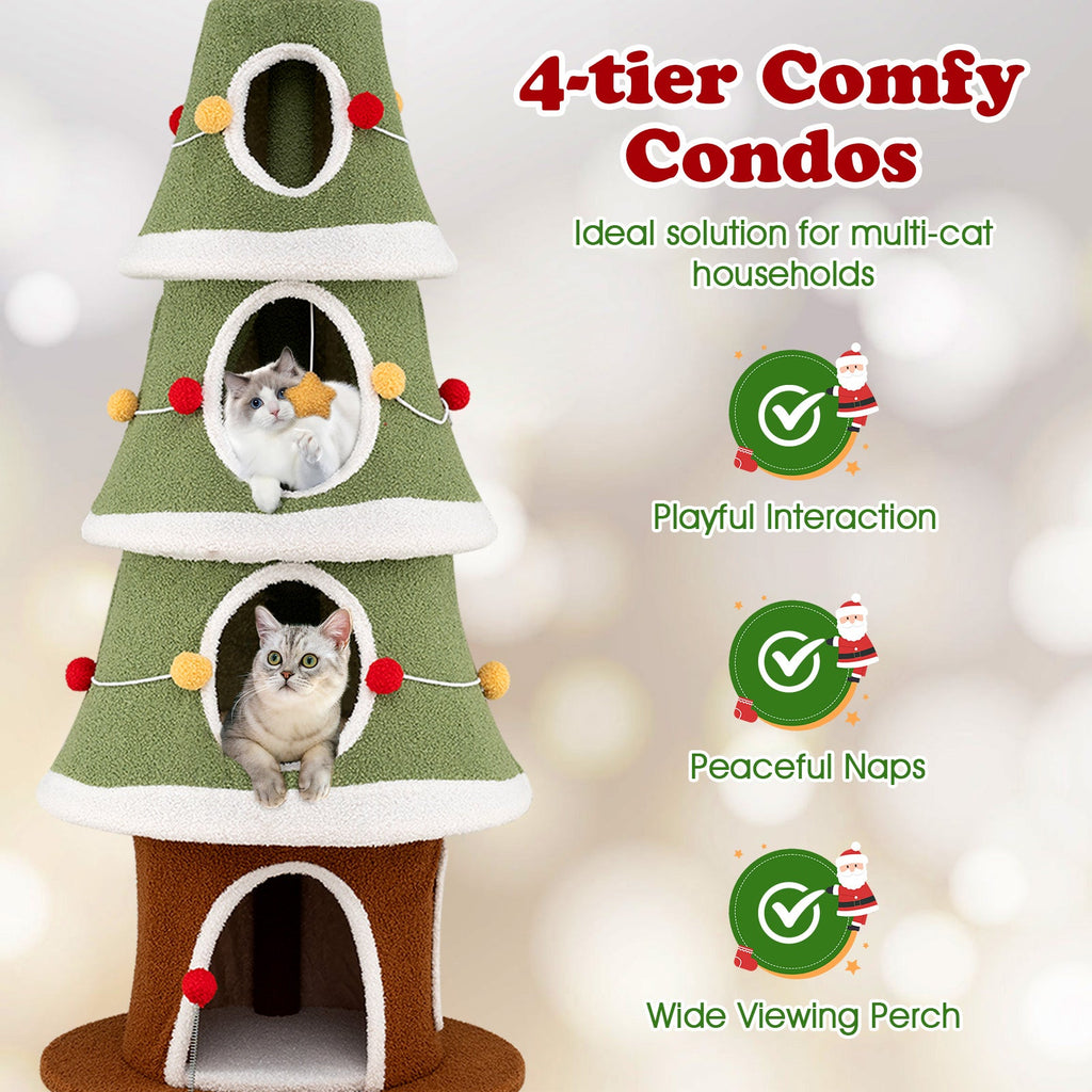 61-Inch Christmas Cat Tree with 4 Condos and Holiday Toys – Green