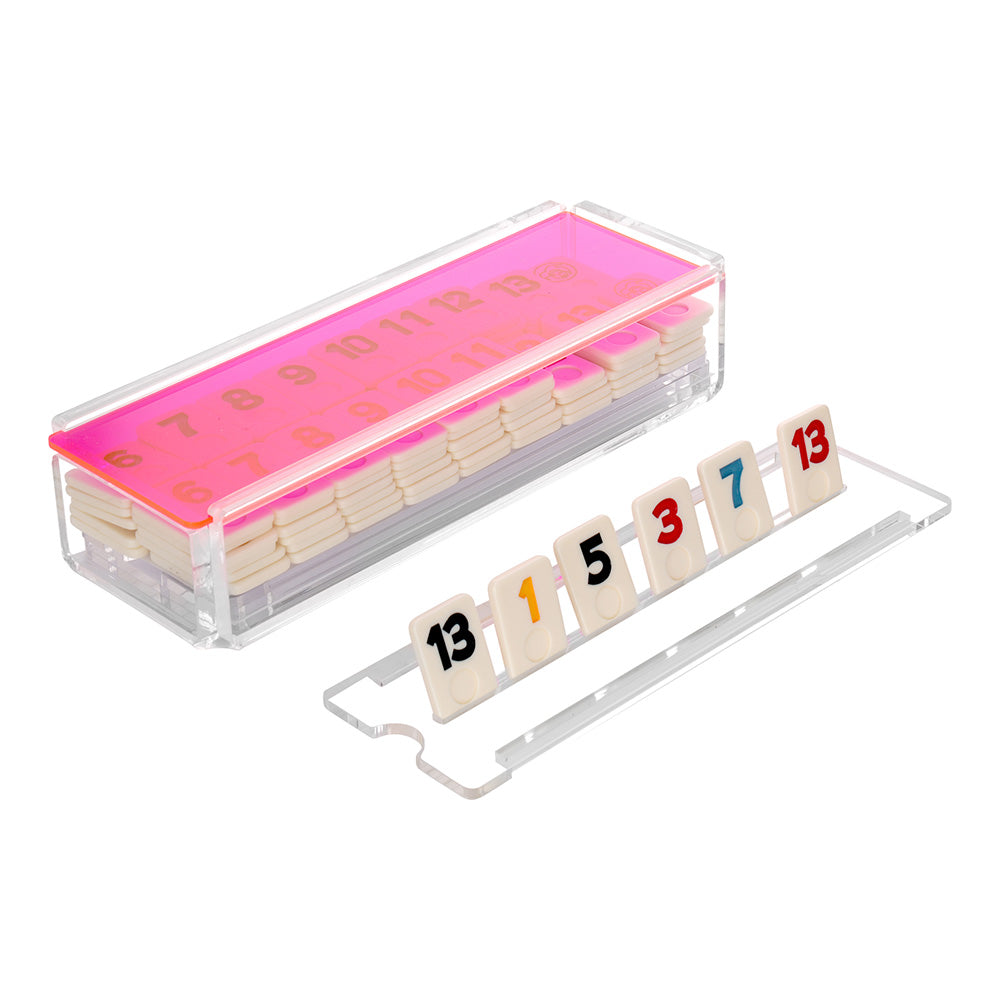 Lucite Rummy Game with Colorful Sliding Lid | Modern Luxury Tile Game Set