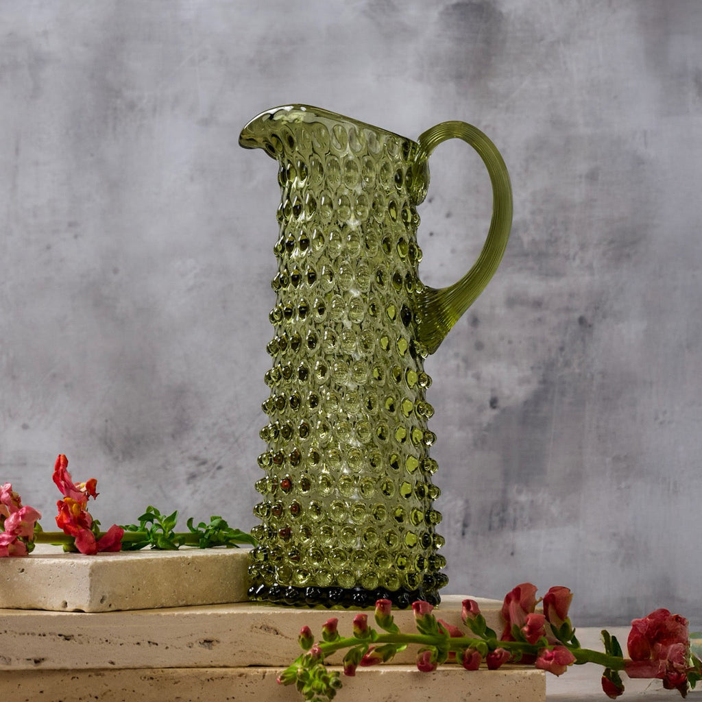 Hobnail Glass Jug in Moss Green – Tall 1.2 Liter