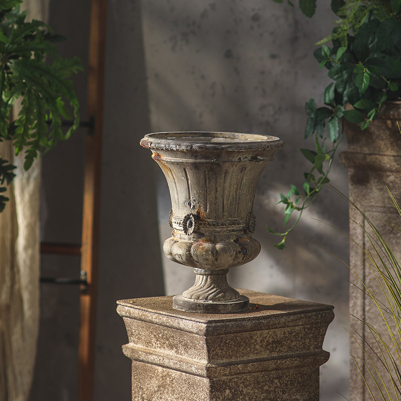 Distressed Fluted Pedestal Urn Planter