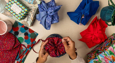 Medium Reusable Fabric Gift Bag | Blue & Red Confetti