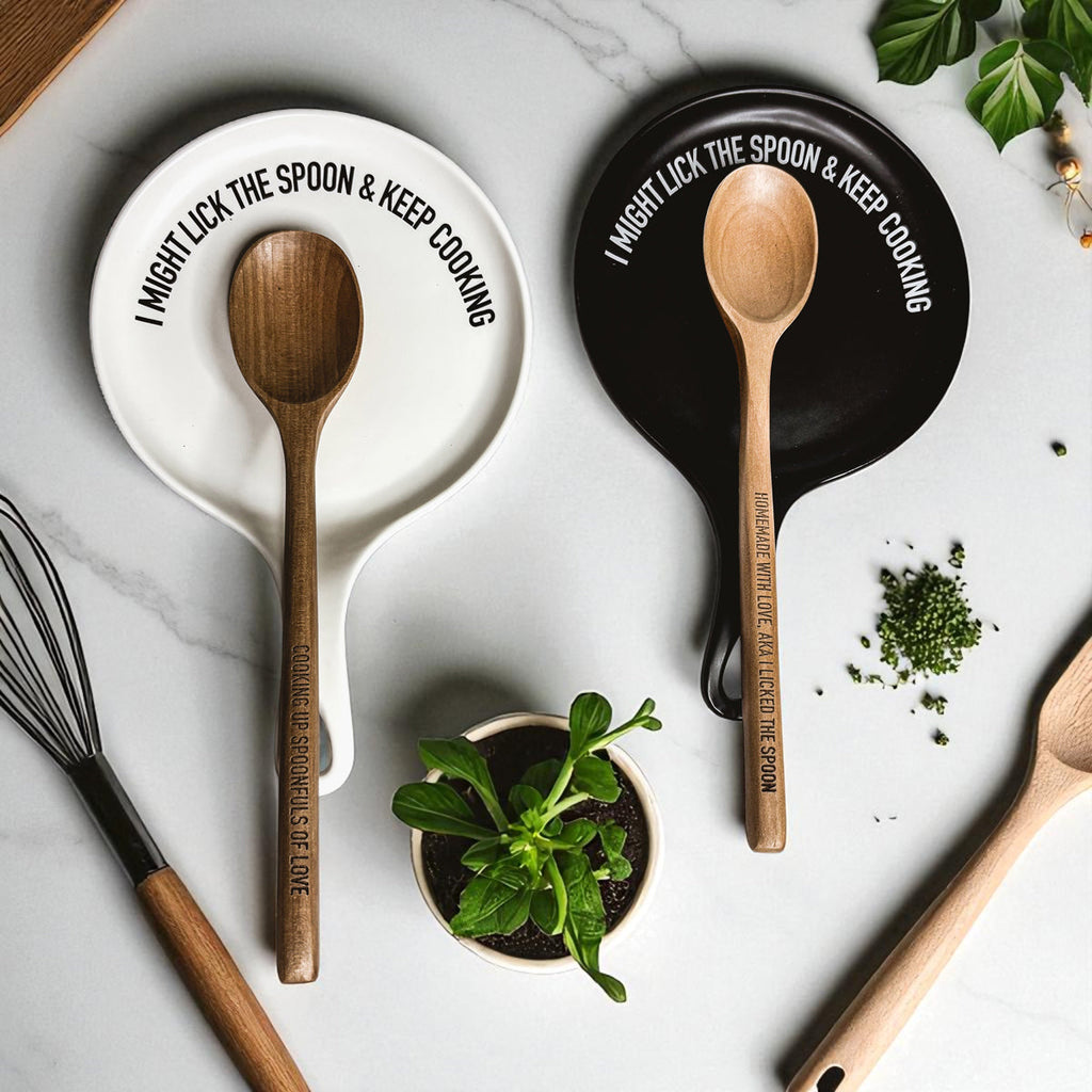 Funny Taste-Tester Spoon Rest with Wooden Spoon – Porcelain Kitchen Spoon Holder
